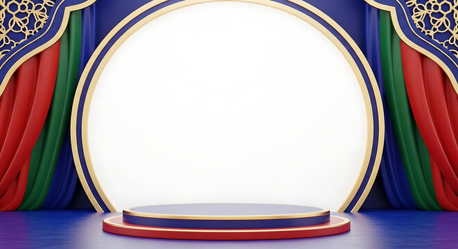Empty stage with red, green, and blue curtains and golden frame spotlight backdrop