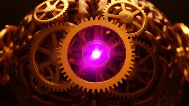 Golden clockwork gears spinning on a mechanical brain with a purple glow in a dark 3d render.