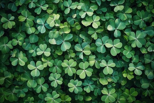 Dense carpet of green clover leaves creating a calm, fresh, and tranquil natural pattern