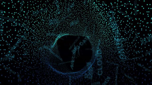 Futuristic Data Tunnel with Floating Technology Keywords and Glowing Particles, Digital Information Flow Background