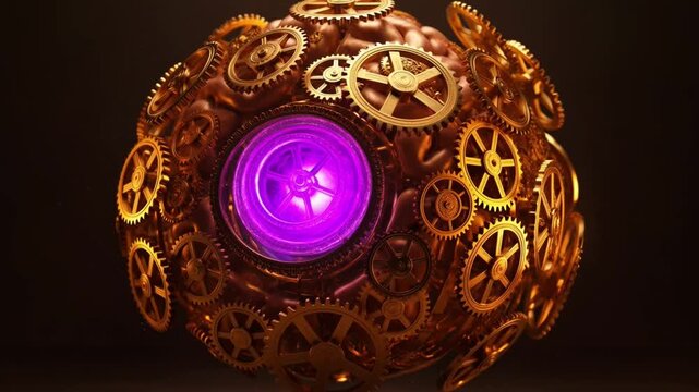 Cinematic 3d render of a mechanical brain made of golden gears with a glowing purple core.