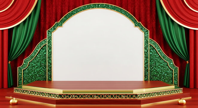 Empty theater stage with green and gold curtains and ornate proscenium arch
