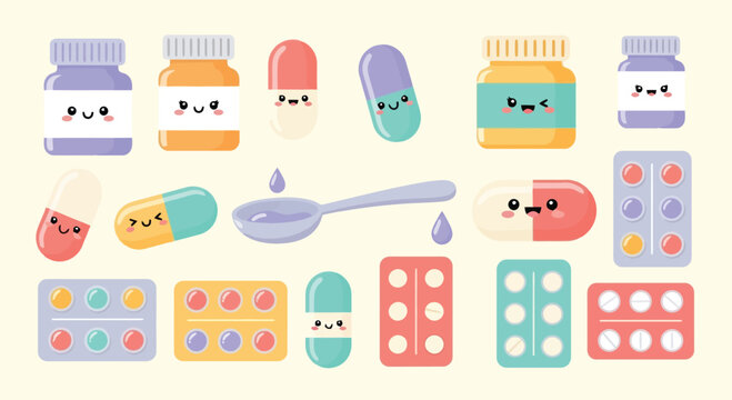 Colorful Pills and Capsules in Blister Pack Illustration.