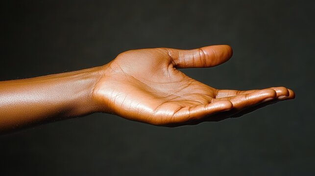 Outstretched dark-toned hand and forearm with palm up against a dark background, offering gesture conveying openness and welcome