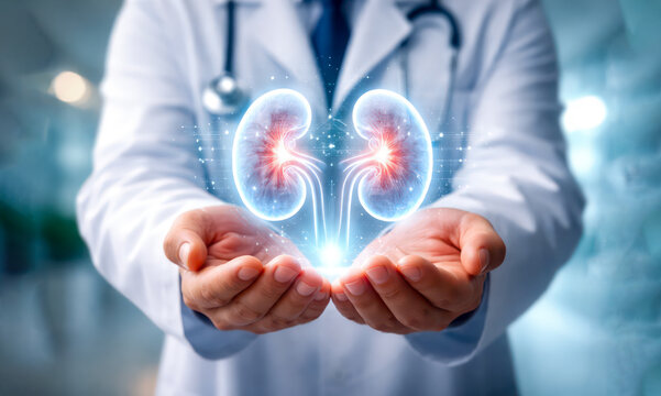 Doctor holding glowing holographic human kidneys in modern medical setting with blurred hospital background