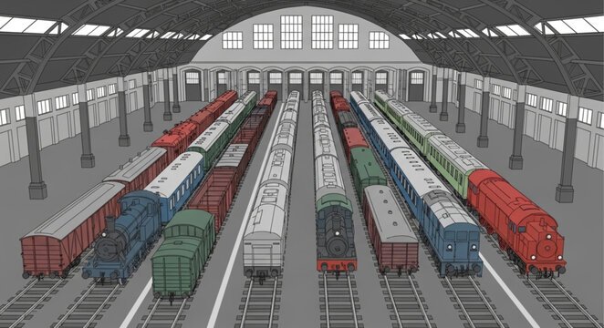 Multiple trains lined up on tracks inside a large station.