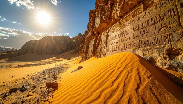 Ancient cuneiform inscription etched into a sand-swept rock face under bright desert sunlight