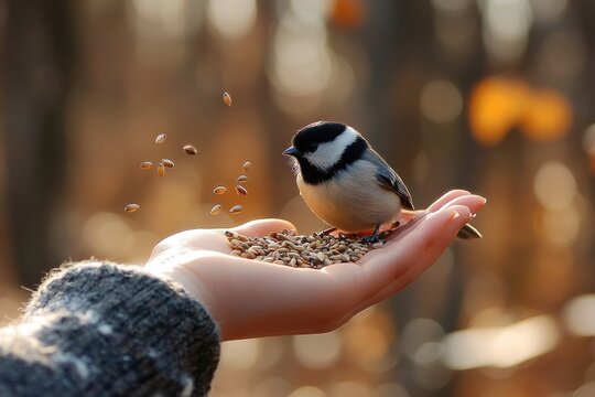tiny chickadee perched on an open hand eating seeds as grains fall, warm golden bokeh and a peaceful trusting moment in the forest
