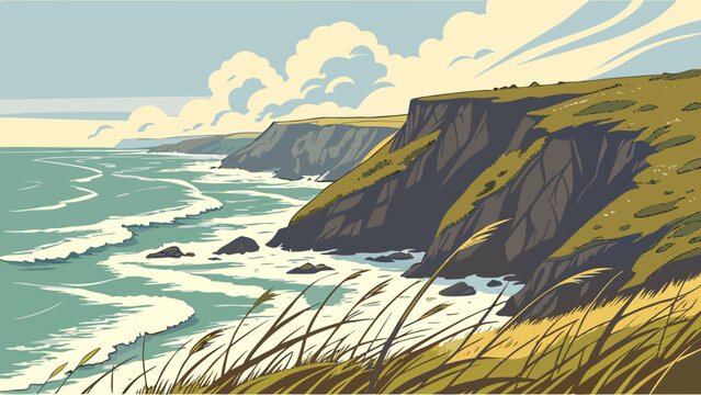 Coastal cliffside with ocean waves crashing against rocks and shore