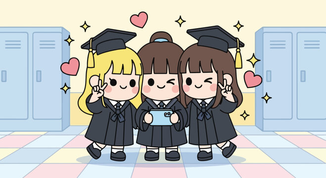 Three graduates in caps and gowns stand together celebrating graduation.