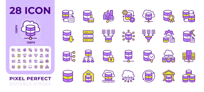 Data analytics pixel perfect line color icons set. Sql database, data management. Networking technology. Vector illustrations. Simple flat colorful symbols collection. Editable stroke