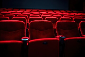 Fototapeta premium empty rows of plush red cinema seats in a dim auditorium conveying quiet anticipation and moody stillness