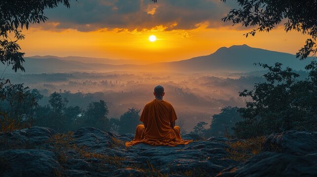 Buddhist monk meditating at sunrise on mountain overlooking misty forest, tranquil nature, spiritual solitude, peaceful morning