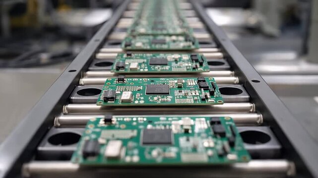 同一基板が並ぶ生産ラインを浅い被写界深度で表現した製造現場カット
