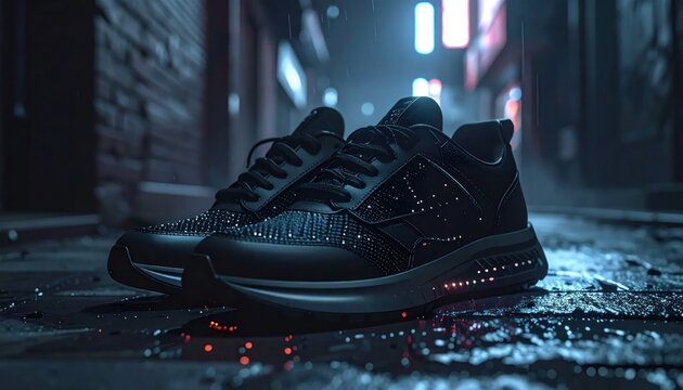 Futuristic Black Sneakers on Wet City Street at Night.