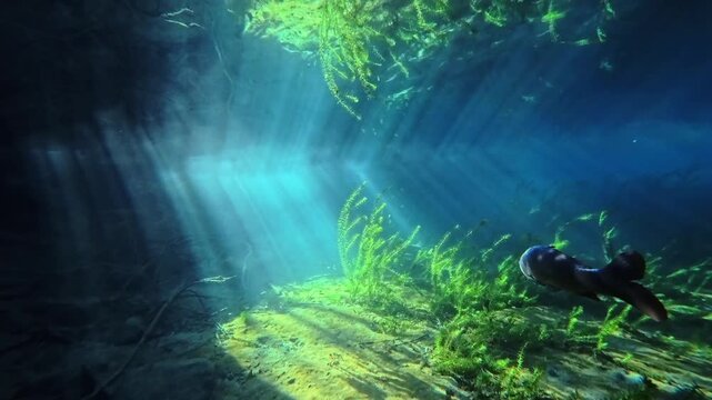 湧水が流れる南阿蘇村の明神池　水中