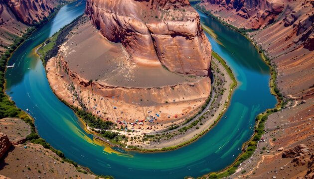 The image features a dramatic river meander that forms a nearly complete circle around a large, rocky mesa