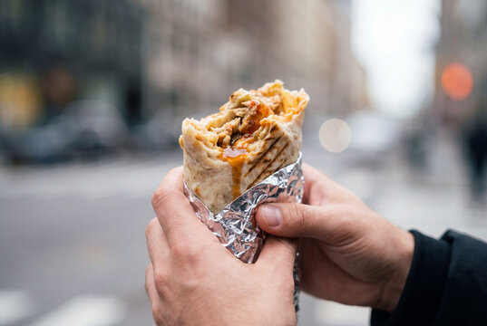 Hand holding a foil-wrapped burrito with visible filling in an urban street daylight setting with blurred buildings and vehicles
