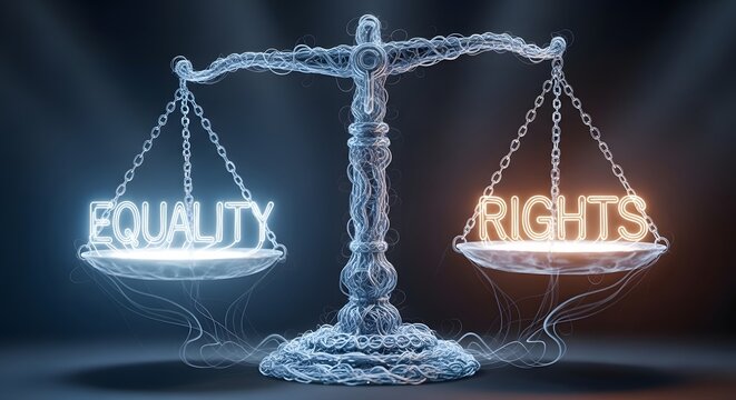 Justice scales with glowing equality and rights words on dark background concept.