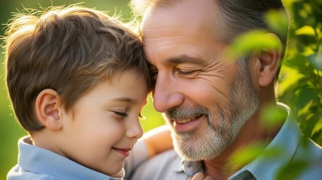 A heartwarming moment between a smiling senior man and a young boy touching foreheads outdoors in a natural setting with greenery
