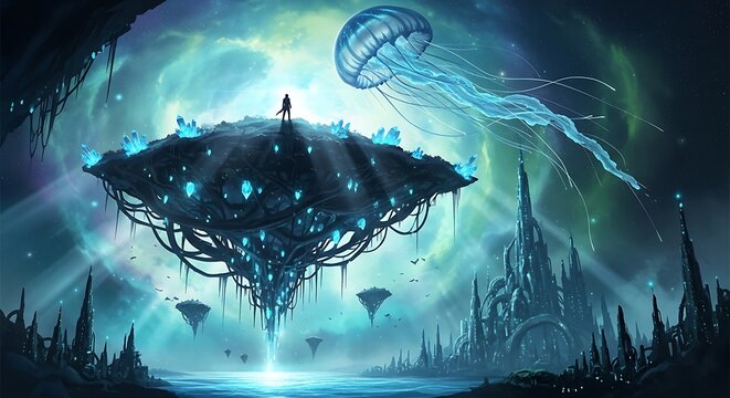 A figure stands atop a floating island, bathed in ethereal light with a jellyfish and alien architecture