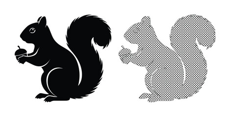 Minimalist squirrel silhouette vector set, black and white forest animal icons, squirrel holding acorn illustration for nature branding © Asma