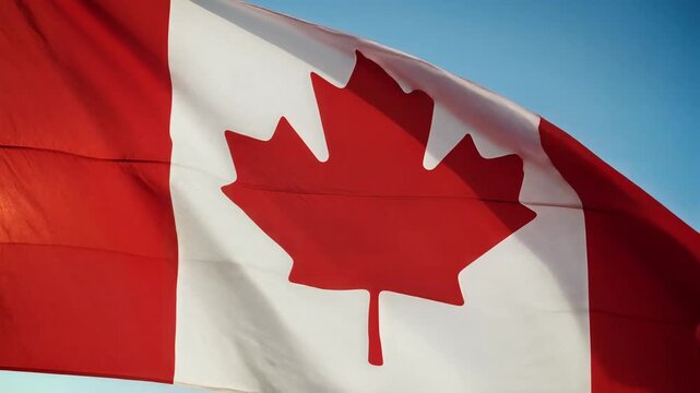 Canadian flag waving against a clear blue sky symbolizing national identity