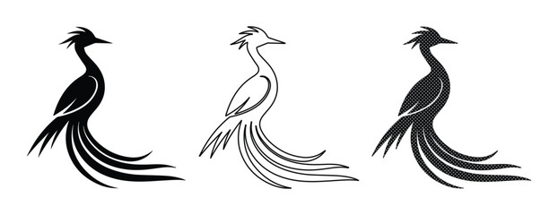 Fototapeta premium Elegant phoenix bird logo set, mythical firebird silhouettes in black and white, minimalist avian vector icons for branding and tattoo design