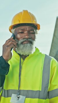 Outdoor, architect and man with smile for phone call, laugh and discussion for property development. Happy, mature builder and black person with mobile for funny chat, network and construction update