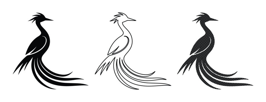 Elegant phoenix bird logo set, mythical firebird silhouettes in black and white, minimalist avian vector icons for branding and tattoo design