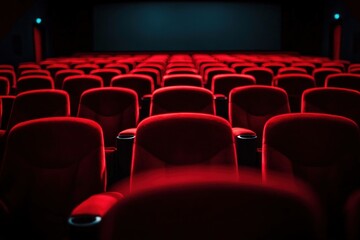 Fototapeta premium Empty dark movie theater with rows of red velvet seats facing a blank screen, quiet and anticipatory mood