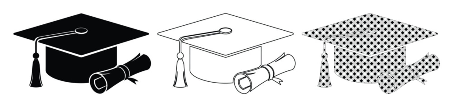 Graduation cap and diploma scroll icons, academic mortarboard with tassel vector set, black silhouette and line art education symbols for university commencement
