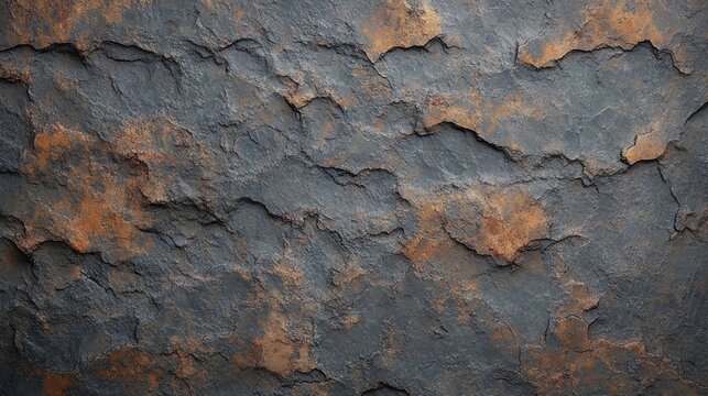 Close-up of weathered corroded metal with peeling dark paint and orange rust patches, rough cracked texture evoking decay and industrial aging