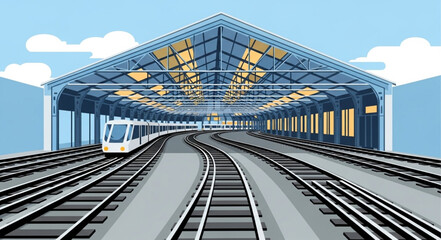 Modern Train Station with Train on Tracks. © Selo