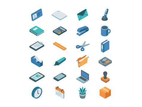 Collection of office supplies and gadgets icons.