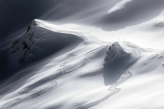sunlit alpine ridges with sweeping ski tracks carving graceful curves across pristine snow, evoking serene solitude