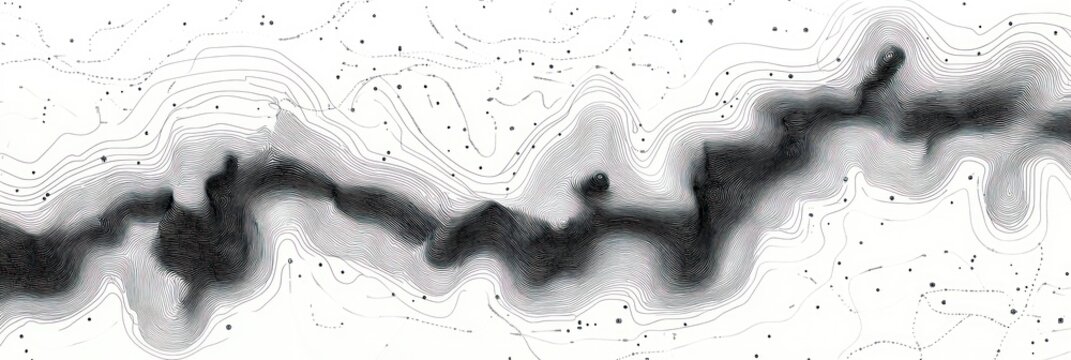 monochrome abstract topographic contours forming a smoky sinuous ribbon across a white field with scattered dots and dashed paths, evoking mystery and calm