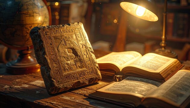 Ancient Linear B clay tablet with crisp symbols and open books on a wooden desk