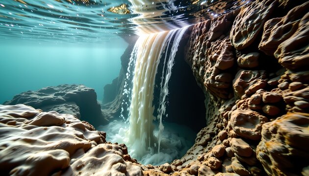 The image depicts an underwater scene featuring a small waterfall cascading onto a rocky surface. The water above is clear, revealing the flowing water as it descends into a pool below