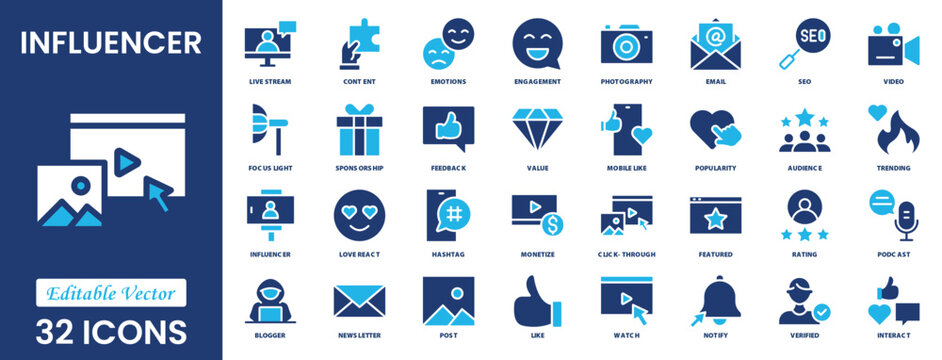 Influencer and Content creator icon set. Video editing, content strategy, youtuber, blogger, monetization, podcast, live streaming, social network, subscribe and more. Solid vector icons collection.