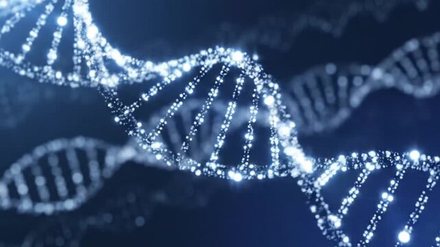 Glowing dna double helix structure on a dark blue background