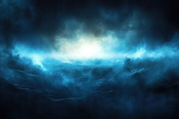 Obraz premium turbulent dark ocean beneath storm clouds with glowing blue horizon, swirling mist and dramatic eerie light conveying tension and solitude