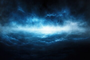 Obraz premium ominous electric blue storm clouds with glowing horizontal light and jagged lightning arcs, dramatic turbulent sky conveying intensity and mystery