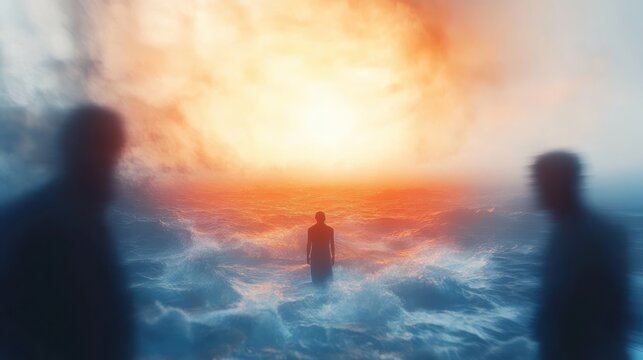Silhouetted figure standing in turbulent ocean waves toward a blazing orange horizon as two blurred watchers stand in the mist, evoking solitude and awe
