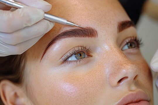 Gloved hand using a precision tool to shape an eyebrow in a close-up cosmetic procedure, conveying careful focused clinical grooming and delicate touch