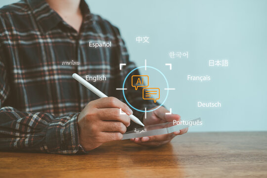 AI language translation interface on tablet with multiple global languages, illustrating real-time multilingual communication, localization technology, and cross-border digital interaction.