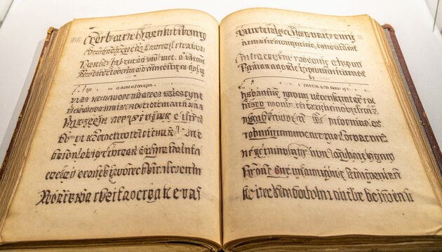 Close view of an illuminated vellum codex page with antique gothic script and ornate initial