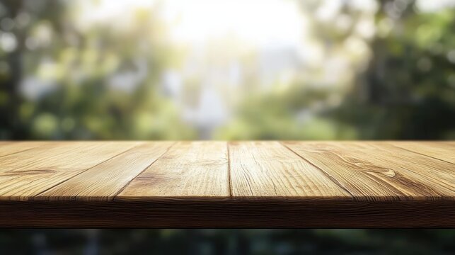 sunlit wooden tabletop with warm glowing bokeh of green foliage background, empty rustic plank surface evoking peaceful inviting morning outdoors