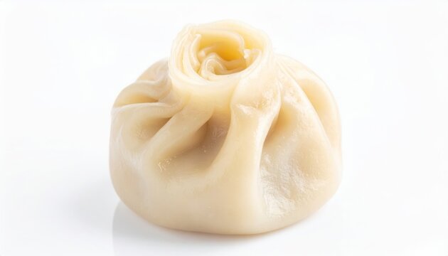 A single steamed soup dumpling, xiao long bao, with its delicate skin taut and ready to be enjoyed.