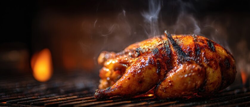 The chicken roasting on a smoky open flame grill golden and crispy